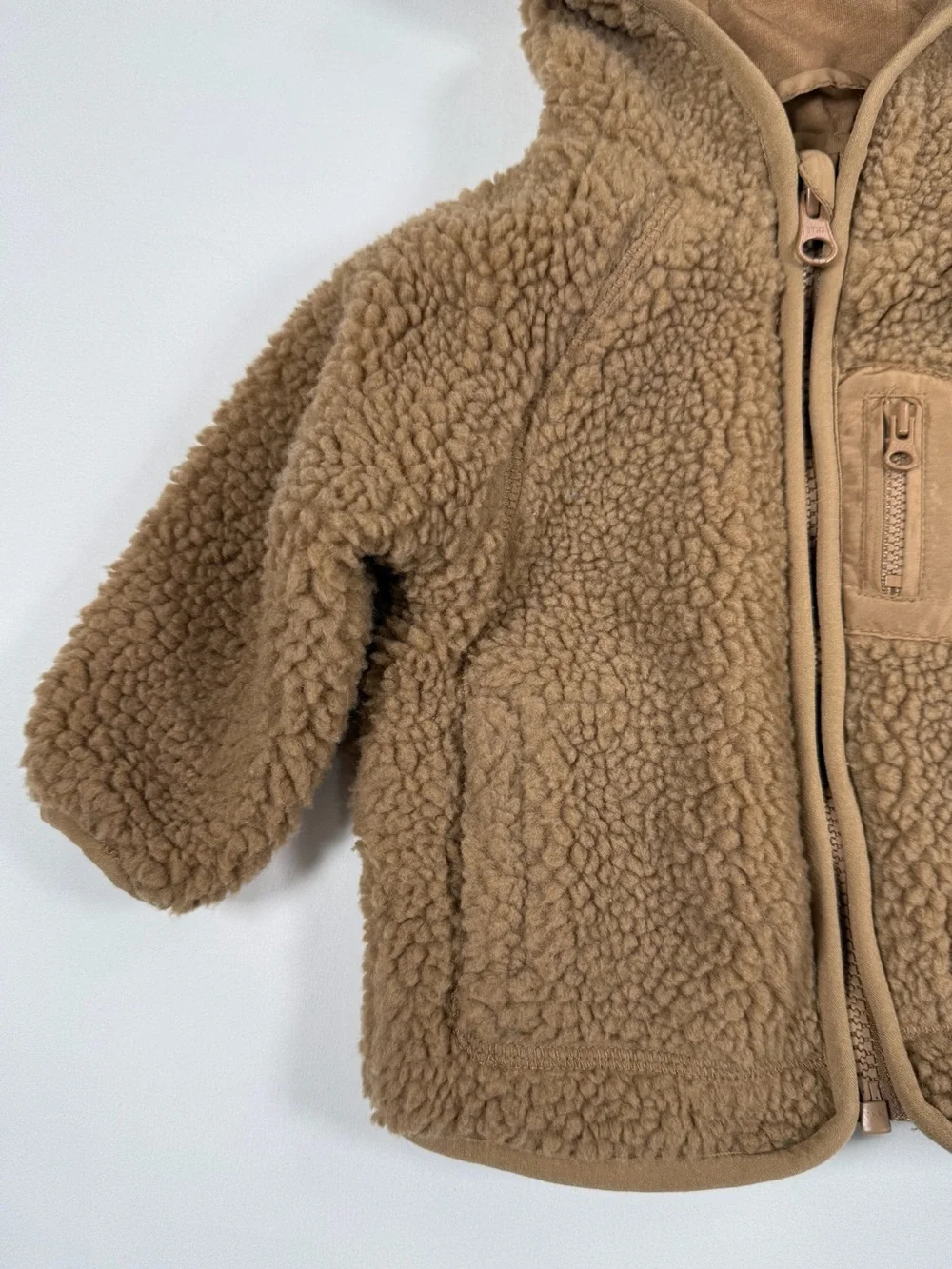 PRIMARK Baby Teddy Fleece Hooded Jacket Tan Brown Sherpa Zip‎ Up 3-6M